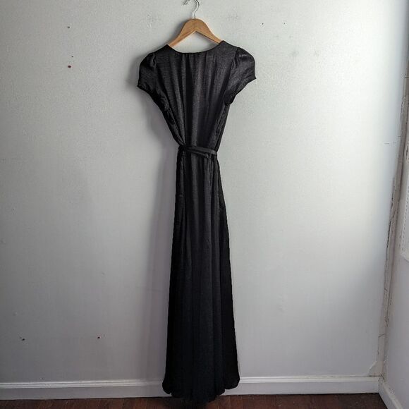 NWOT RESA black textured satin cap short sleeve v-neck wrap black tie maxi dress - Picture 5 of 6